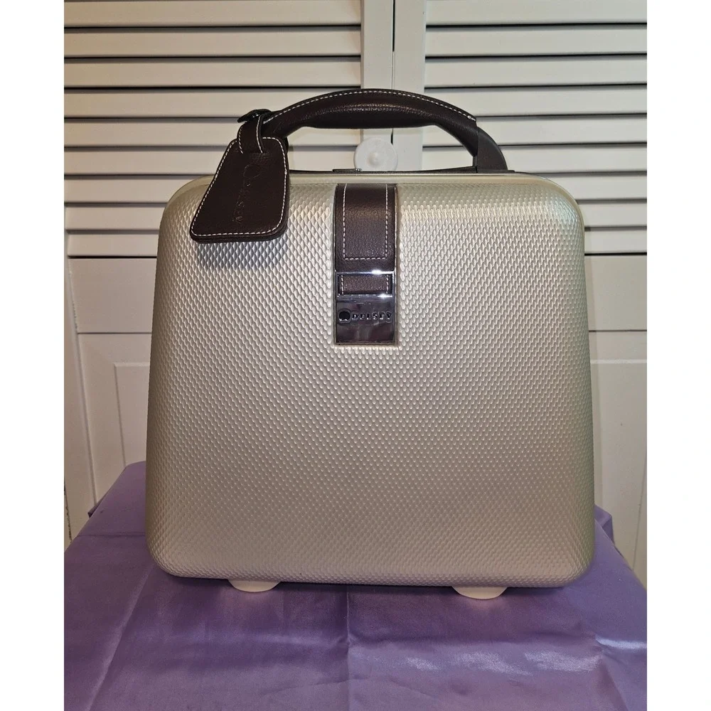 Delsey Vintage Gold Hard Shell Vanity Train Case Travel Bag Brown Trim